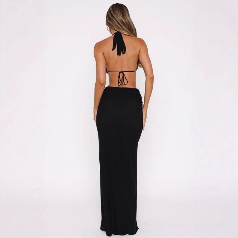 European and American summer sexy solid color hollow out deep V-neck hanging neck twisted irregular dress