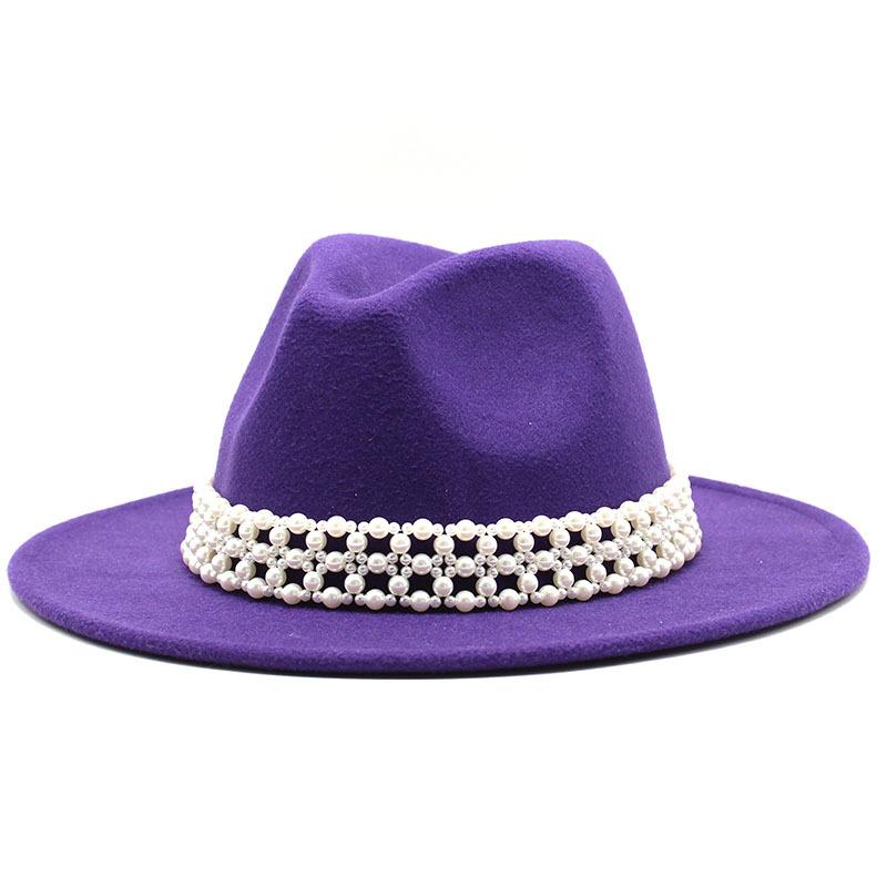 High-Grade Pearl Woolen Top Hat, Flat-Brimmed Big Eave Hat, Versatile Straight-Brimmed Jazz Hat