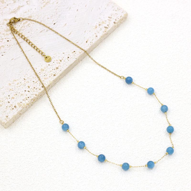 Stainless Steel 14K Gold Natural Stone Bead Necklace for Women - European & American Style Fashion Jewelry