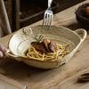 Free-Form Edge Ceramic Bowl with Handles, Retro Distressed Style Glazed for Fruit Bowl,Salad Bowl,Table Centerpiece Decor