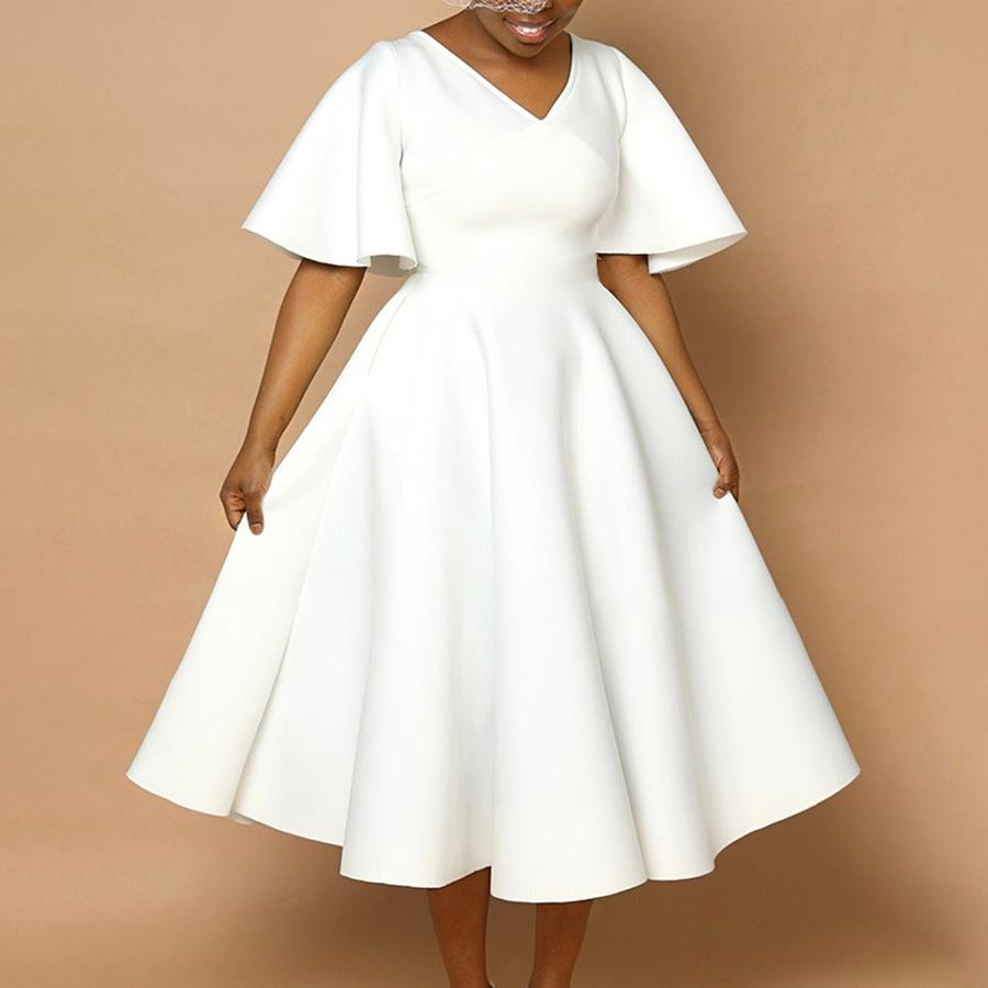 Neues Damenmode Elegantes Kleid mit Glockenärmeln und V-Ausschnitt