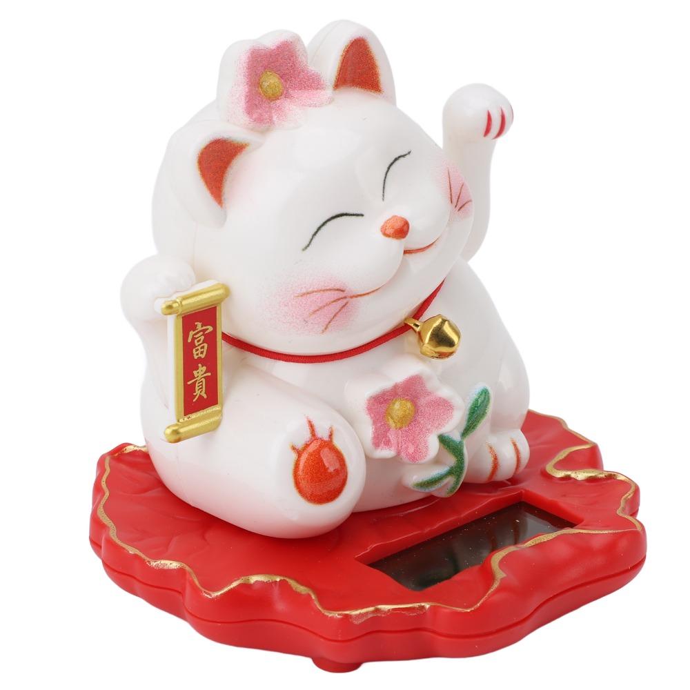 3in Solar Waving Cat Ornament ABS Light Operated Lucky Cat Decor Outdoor Porch Display Piece