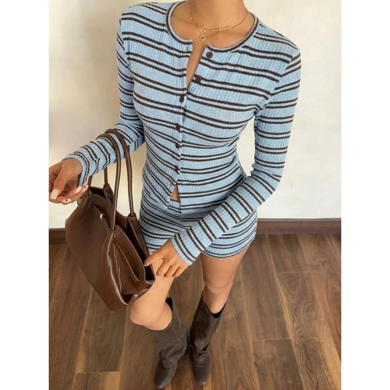 Women Slim Fit Round Neck Striped Knit Cardigan Long Sleeve Shorts Two Piece Set