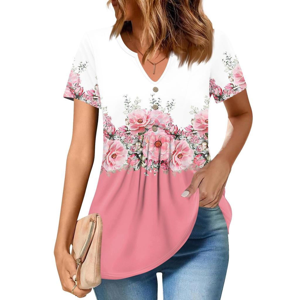 Dámské topy s krátkým rukávem Letní trička s výstřihem do V Ležérní plisovaná halenka Volný potisk Základní tričko