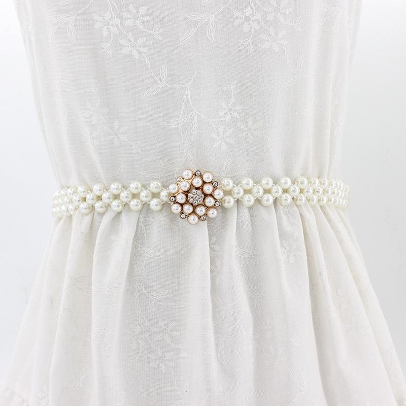 Women'S Rhinestone Pearl Waist Chain Dress Decorative Elastic Belt Women'S Sweet Flower Elastic Waist Seal