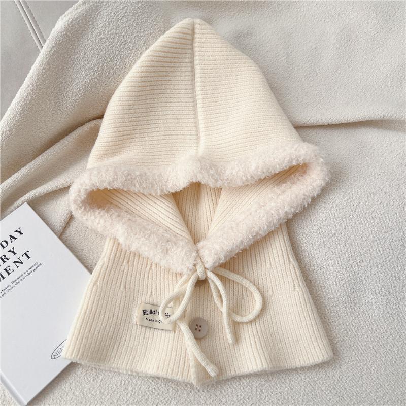 Women'S Drawstring Faux Collar Balaclava Hat,Outdoor Warm Knitted Face Neck Protective Hood Cape,For Winter Cold Protection