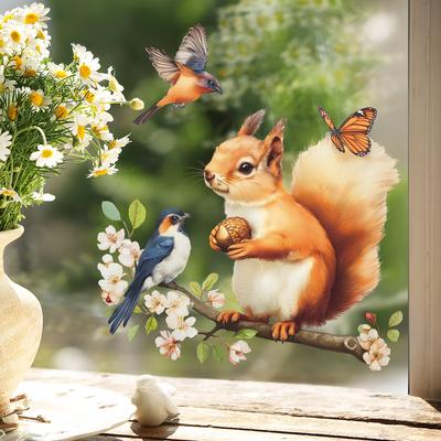 Static Cling Cute Squirrel Branches Flowers Birds Window Stickers for Glass Cabinet Shop Window Home Decor