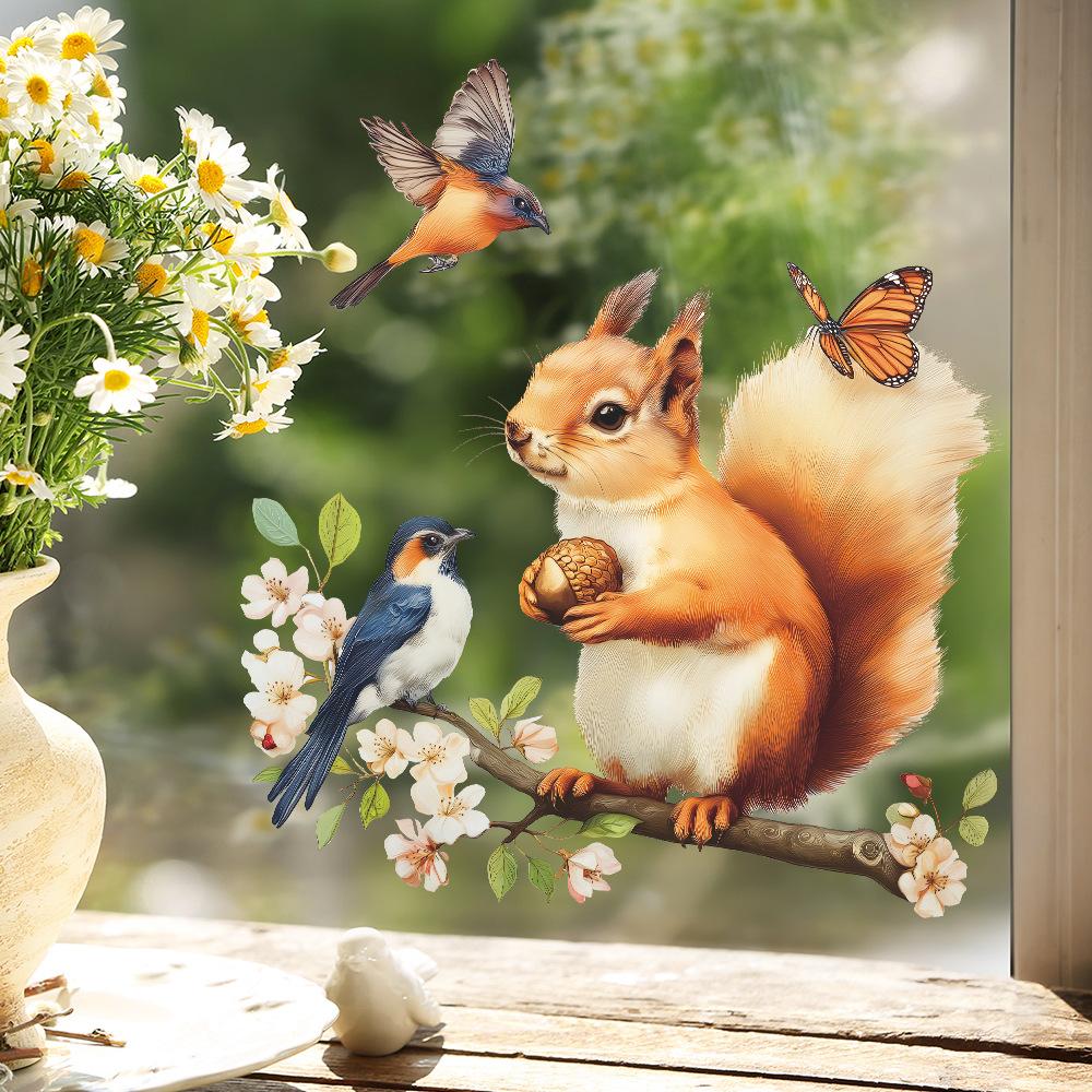 Static Cling Cute Squirrel Branches Flowers Birds Window Stickers for Glass Cabinet Shop Window Home Decor