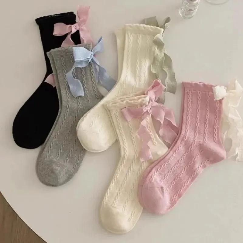 Heel Ribbon Bow Socks Children in Summer Thin Sweet Girl Lolita Socks Women Fried Dough Twists Pattern Tube Socks Absorb Sweat