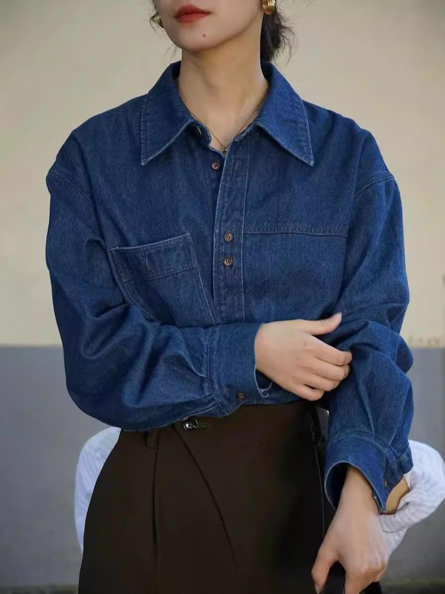 

Женская джинсовая рубашка в стиле French Chic для миниатюрных женщин, для весны и осени Small джинсовый синий