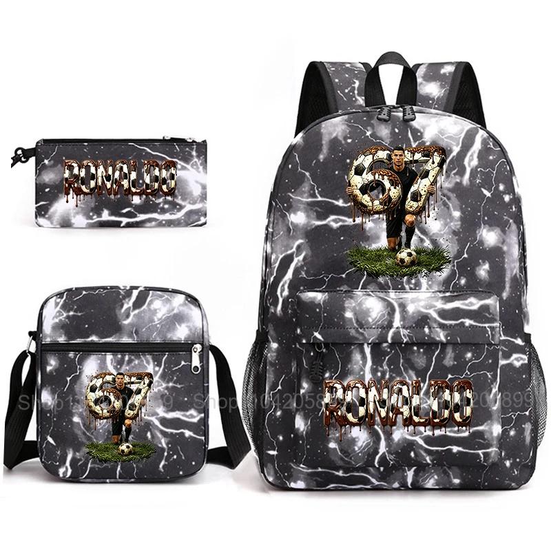 CR7 Ronaldo Backpack Football 67 Print School Bag With Shoulder Bag & Pencil Case For Student Boys Gift Daily Travel Rucksack