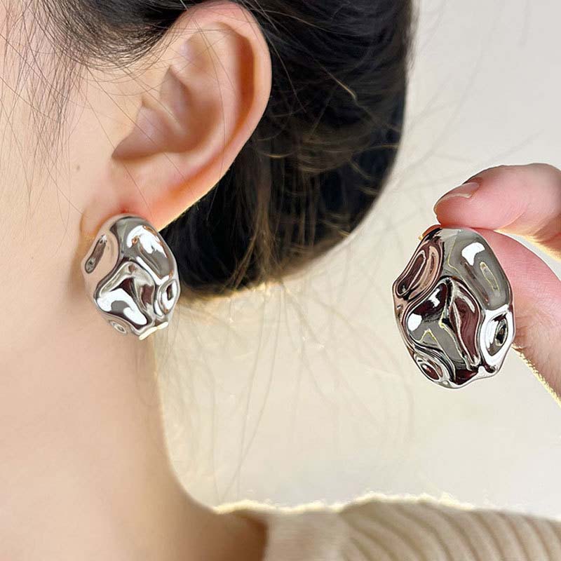 Vintage Gold Color Irregular Hammered Stud Earrings for Women Minimalist Metal Geometric Chunky Earrings Zircon Gift