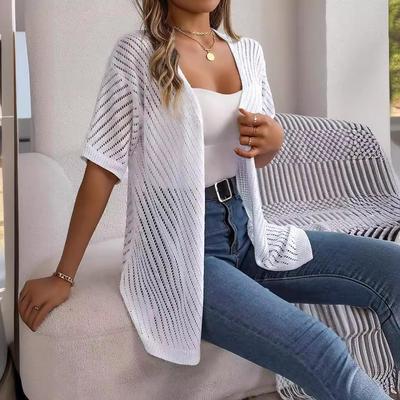 Women's Spring Summer Solid Check Sweater Cardigan Elegant V Neck Loose Knitted Tops