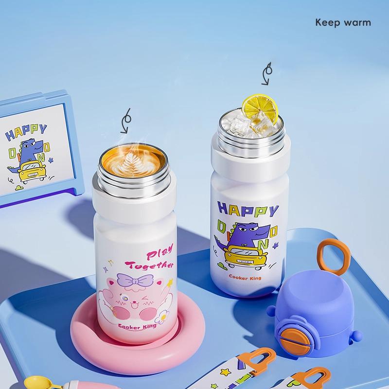COOKER KING Cartoon Thermos Cup for Kids Stainless Steel Straw Cup with Strap Portable Double Drinking Water Bottle for Children