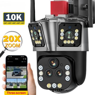 Nová ultra 10K 20MP WiFi IP kamera s 20násobným přiblížením Čtyři čočky Tři obrazovky PTZ kamery Venkovní kamera se sledováním člověka Video sledovací CCTV bezpečnostní kamera