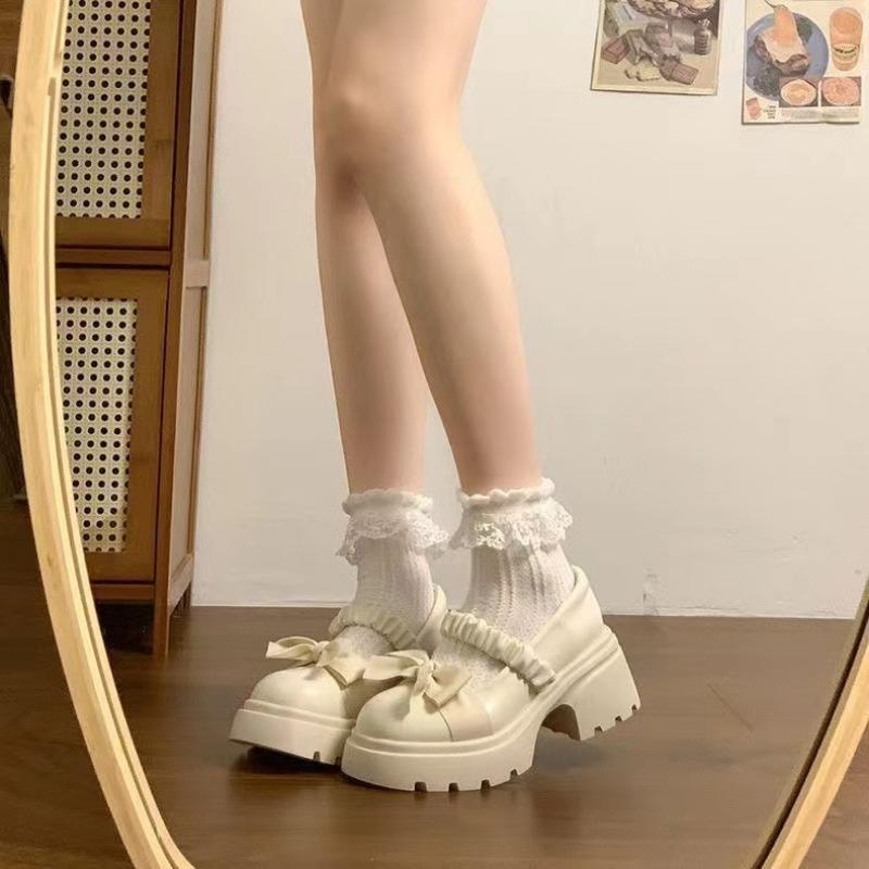 Platform Mary Jane Shoes Women's Bow Knot Ruched Strap Chunky Heel Round Toe Cute Casual Shoes