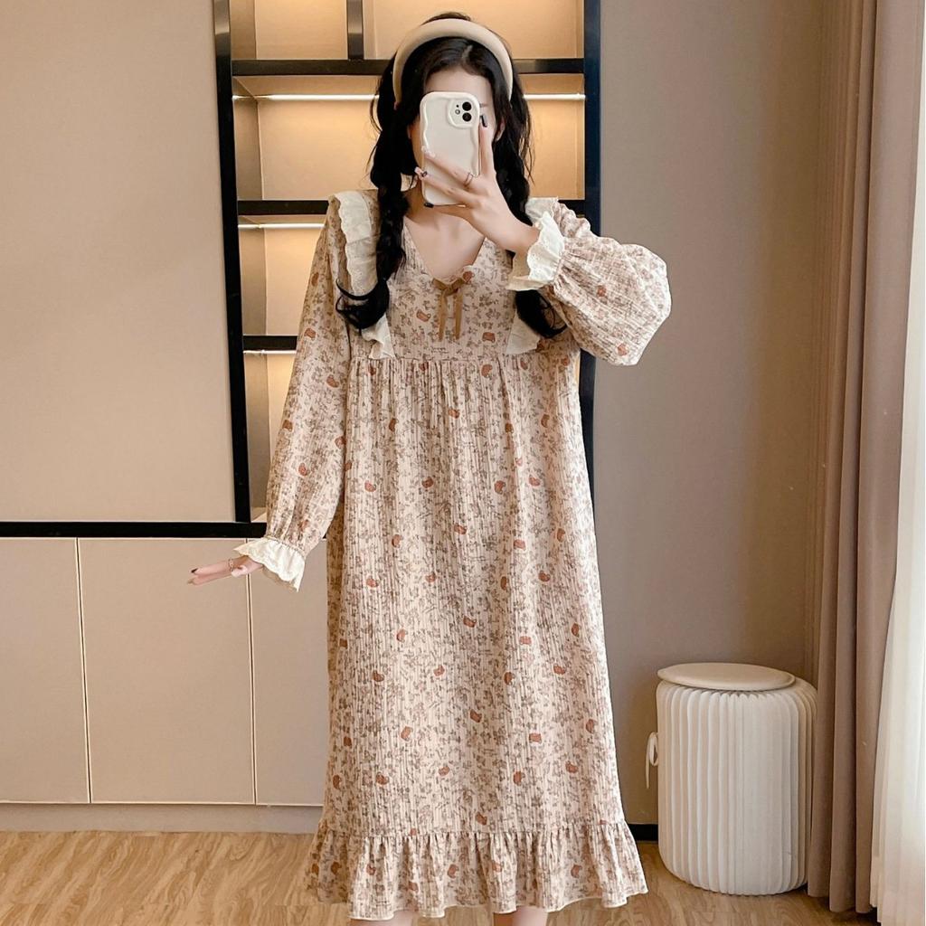 nightdress pure cotton double-layer crepe women's long-sleeved skirt spring and autumn thin cotton summer cute Korean version lace home skirt