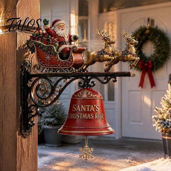 Outdoor Garden Entrance Accents Christmas Bell Wall Hanging Decoration, Santa Sleigh Reindeer Ornament, Large Decorative Anniversary Birthday