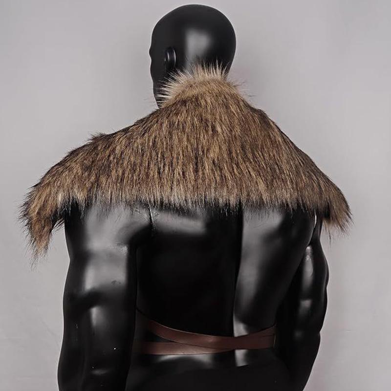 Man Medieval Faux Fur Cape Shoulder Cloak With Chest Strap Faux Fur Collar Retro Viking Fur Cape Halloween Cosplay Costume