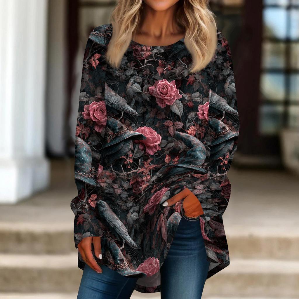 Women's Halloween Graphic Print Long Sleeve T-Shirt Loose Fit Round Neck Pullover