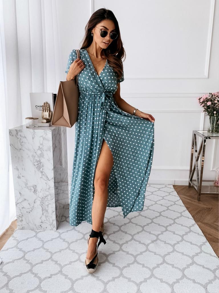 Rochie cu imprimeu cu buline la modă pentru femei Rochie cu bandaj cu fante sexy cu decolteu în V Rochie cu mânecă scurtă