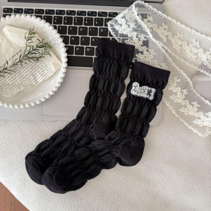 Lace Fabric Label Pleated Bubble Mid-calf Socks, Women's Three-dimensional Trendy Socks, College Style Pile Socks
