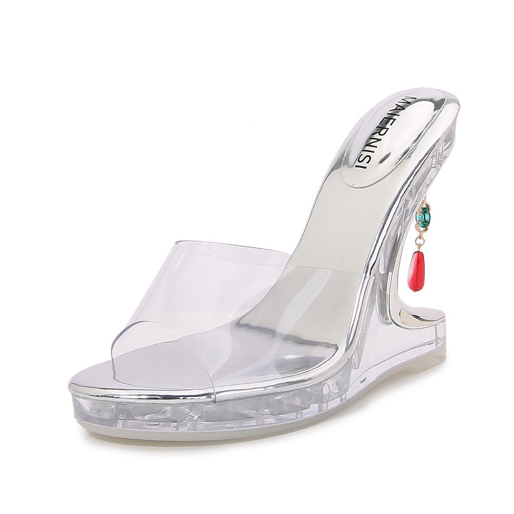 Thick-soled Transparent Waterproof Table High-heeled Cool Slippers Special-shaped Heel Outer Wear Crystal Princess Wedge Heel Women's Shoes College
