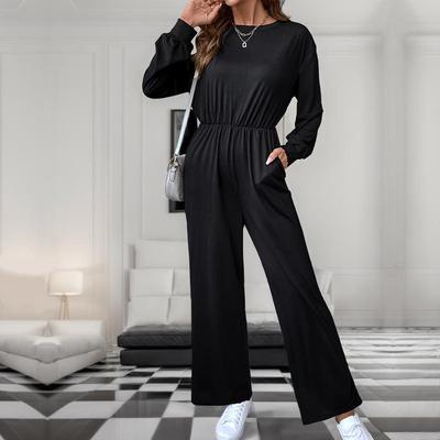 Lässiger Damen High Waist Langarm Einfarbig Herbst Jumpsuit