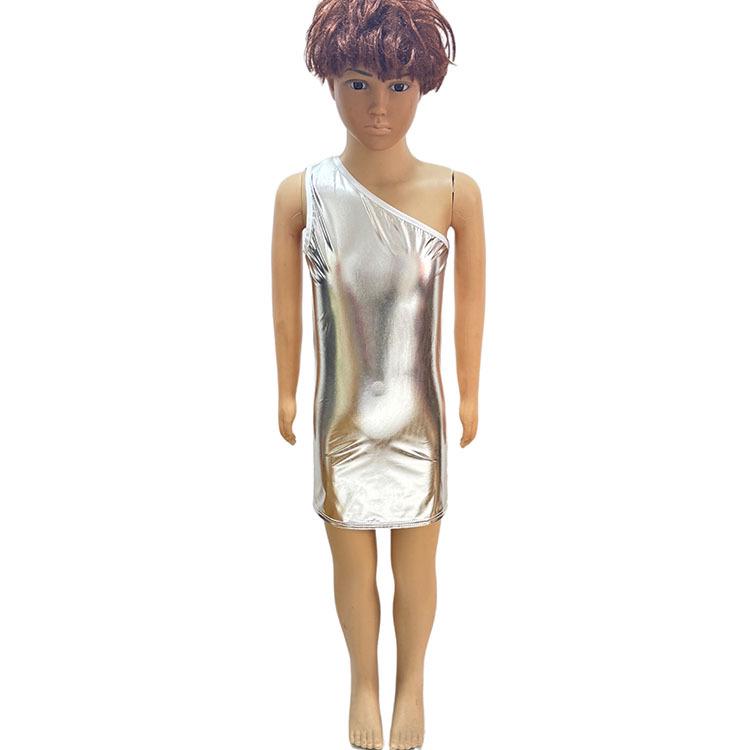 Damen Glänzendes Asymmetrisches Tanzkleid mit Goldprägung - Ärmellos, Einseitig schulterfrei, Rundhalsausschnitt