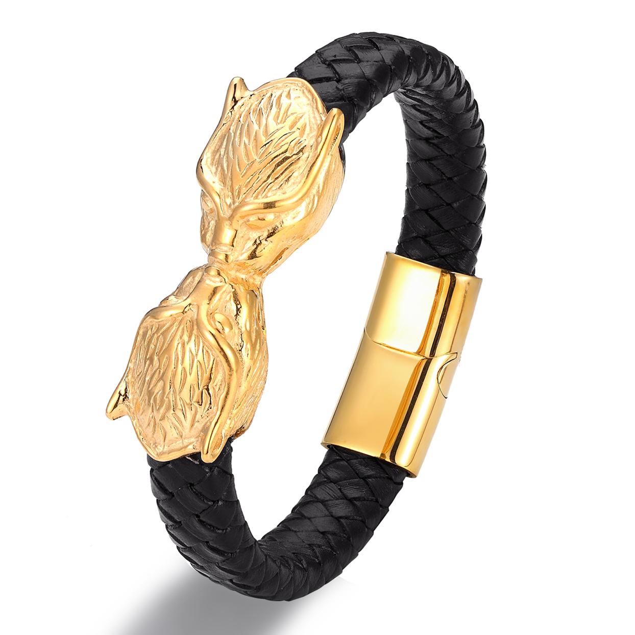 

Новый панк-дизайн, золотой цвет, животное, натуральная кожа, браслет, мужской, женский, из нержавеющей стали, лев, волк, леопард, браслет, ювелирные изделия 19cm