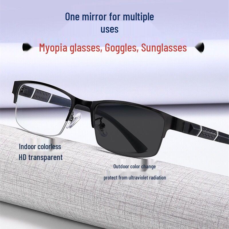 High-End Semi-Rimless Men's Photochromic Myopia Glasses - Anti-Blue Light, Prescription Compatible, Trendy Design
