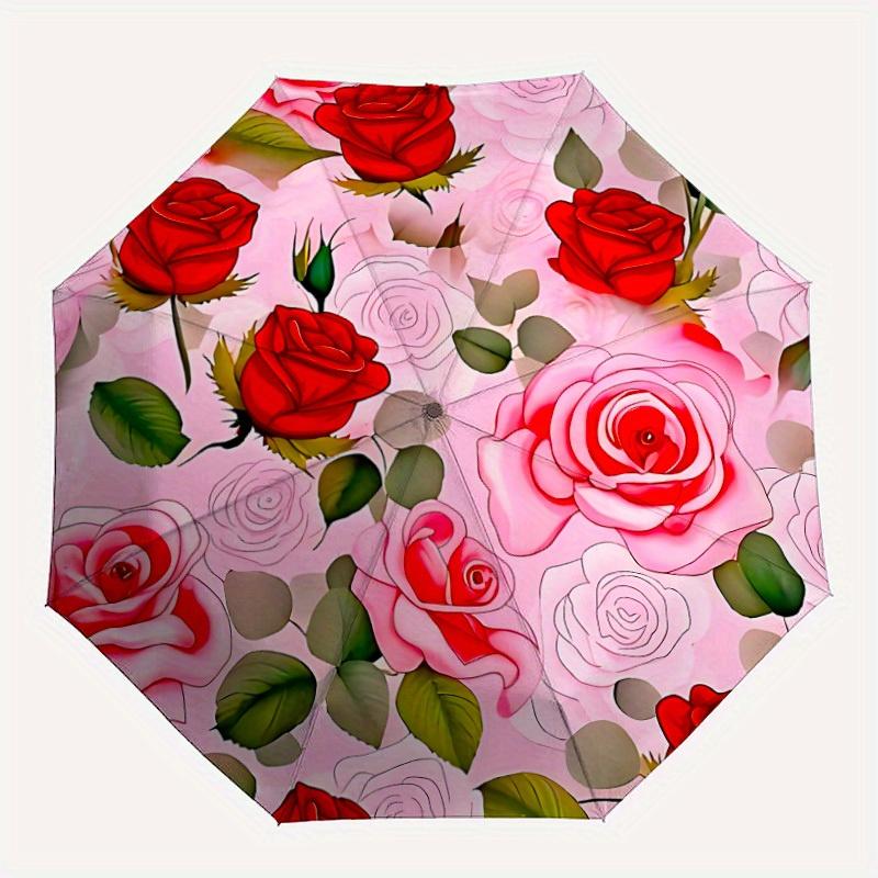 

1pc Rose Pattern Automatic Folding Umbrella - Portable Foldable Design with 8 Ribs, Durable Plastic & Iron Frame, Casual Outdoor Accessory f