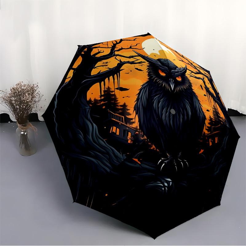 1pc Halloween Owl Automatic Folding Umbrella, Lightweight Retractable Compact Travel Umbrella, 8-Rib Sturdy Frame149