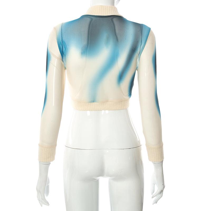 Vintage streetwear 90. léta kravatový potisk Rolák Síťovaná trička Y2K Fashion Patchwork Dlouhý rukáv Crop Tops Dámské Módní trička