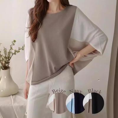 T-shirt manches chauve-souris color block grande taille pour femmes printemps/été 2025