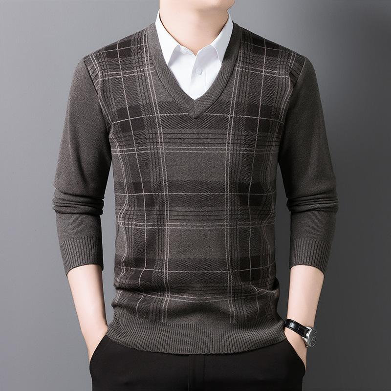 Middle Aged Men Thickened V Neck Plaid Casual Versatile Knitted Sweater Warm Base Layer Autumn Winter New Style Top