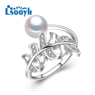 LSOOYH Leaf Natural Freshwater Pearl Rings For Women Dainty Bohemia Cubic Zirconia Adjustable Ring