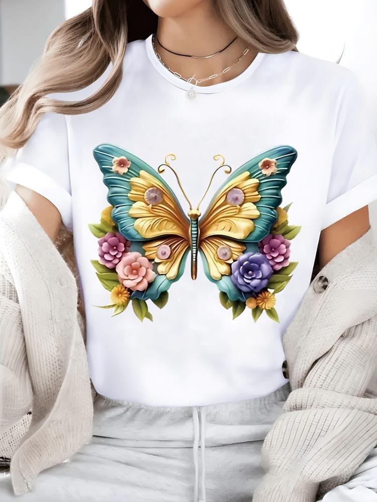 (Asian Size) Watercolor Flower Trend 90s Print Short Sleeve T-shirts Fashion O-neck Female Casual Women's Top T Clothing  Graphic Tee