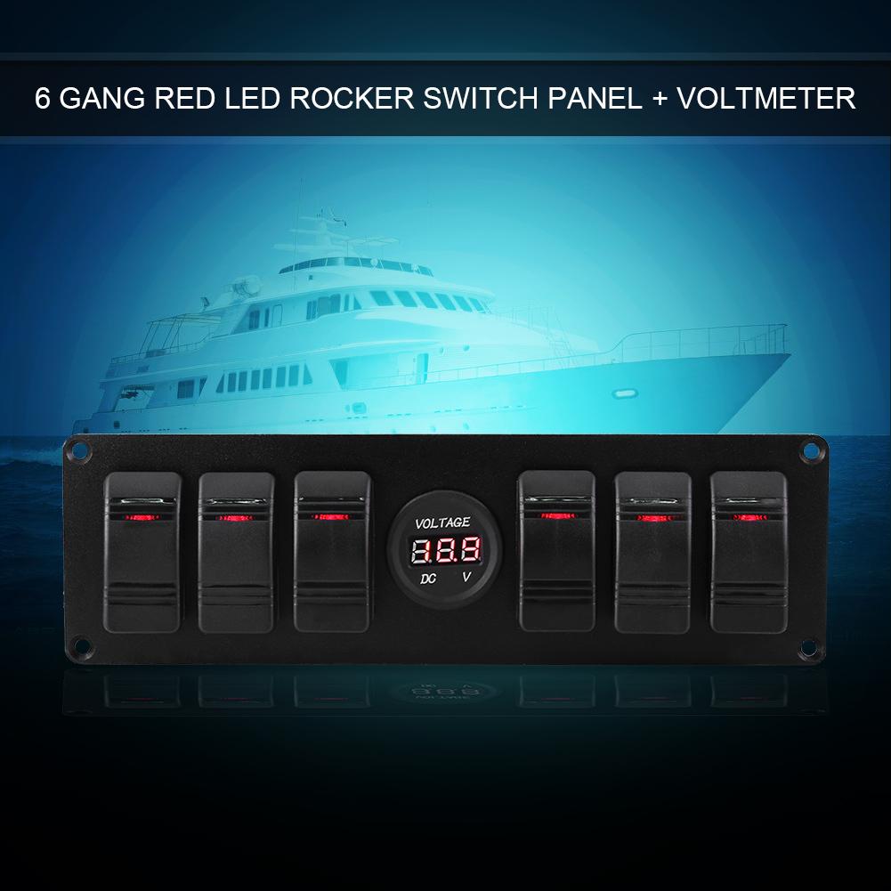 6 Gang Red LED Rocker Switch Panel with Voltmeter for Car RV Boat Yacht Marine 12V-24V