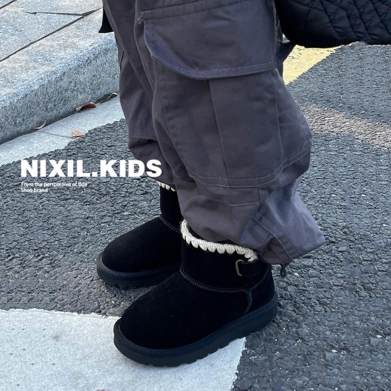 Handmade Yarn Lace Girls Snow Boots Children's Large Cotton Warm Boots Frosted Leather Princess Cotton Boots
