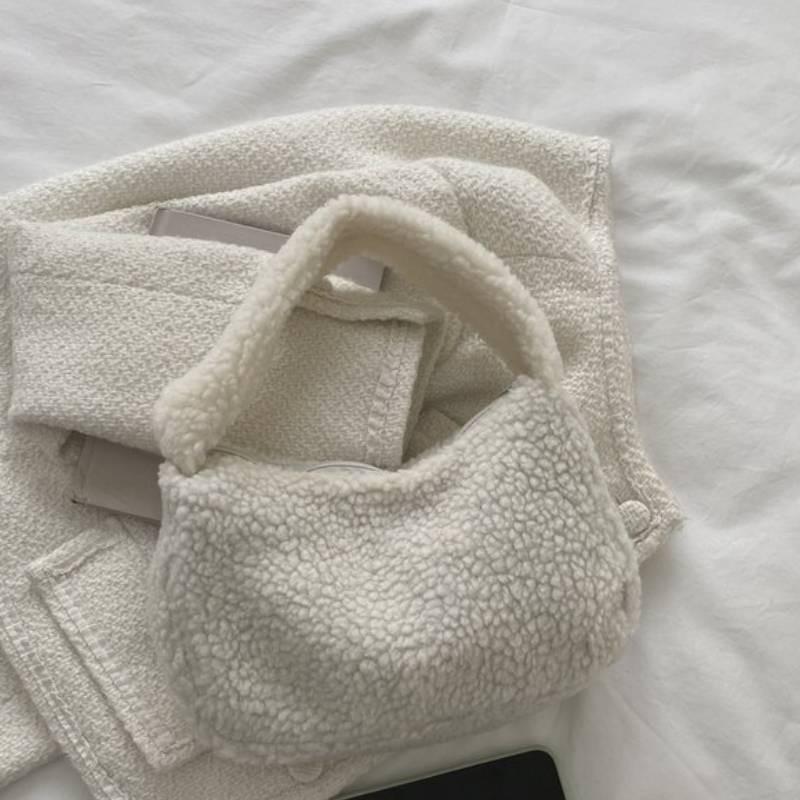 Plush Handbag Small Square Bag For Daily Style With Zipper Closure And Phone Pocket