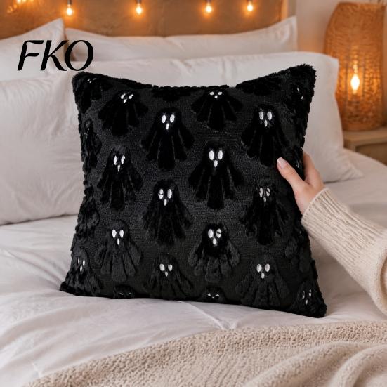 Seasonal Halloween Bedroom Accessories Ghost Cushion Cover, Fuzzy Throw Pillow 18x18 Inch Festive Living Room Sofa Decor Washable Plush Case for Couch