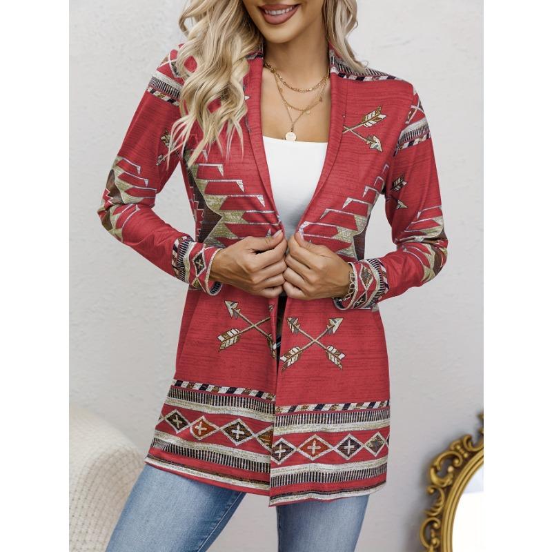 Western Ethnic Print Open Front Cardigan, Casual Long Sleeve Loose Cardigan, Women'S Clothing