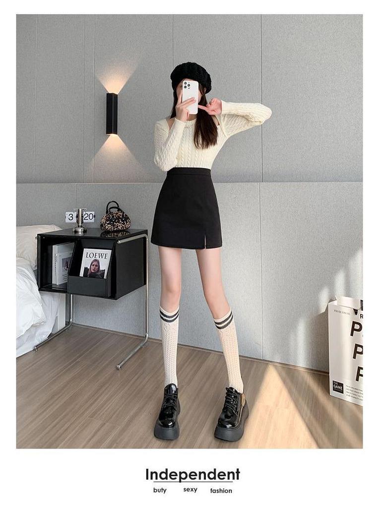 Petite High Waist Zipper Slit A-line Mini Skirt – Spring & Autumn Slimming Hip-Hugging Style.