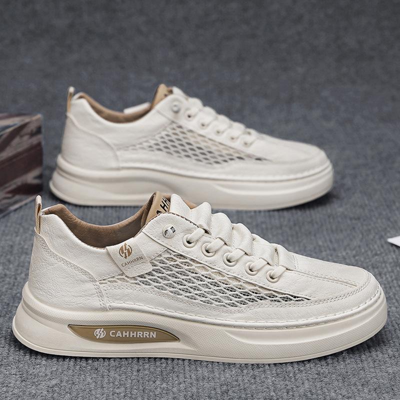 Men's shoes 2025 summer new mesh breathable hollow leather board shoes student youth casual shoes sports trendy shoes
