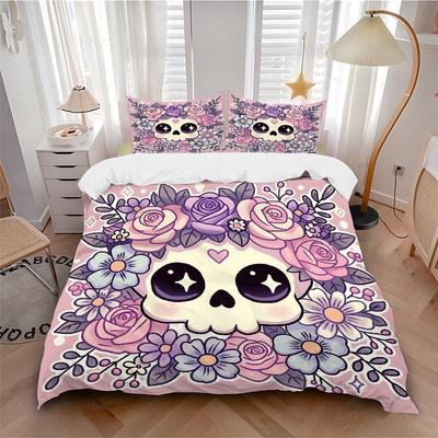 3pcs Pink Cute Skull Print Bedding Set (Without Inserts), Suitable for Use In Bedrooms and Guest Rooms.N075