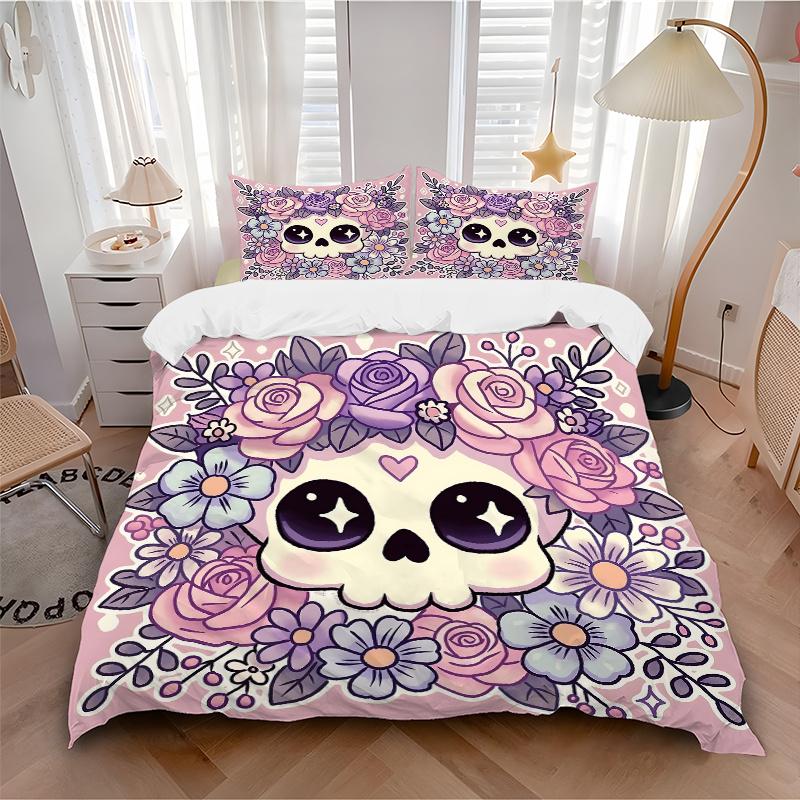 3pcs Pink Cute Skull Print Bedding Set Soft and Comfortable, Suitable for Use In Bedrooms and Guest Rooms.N075