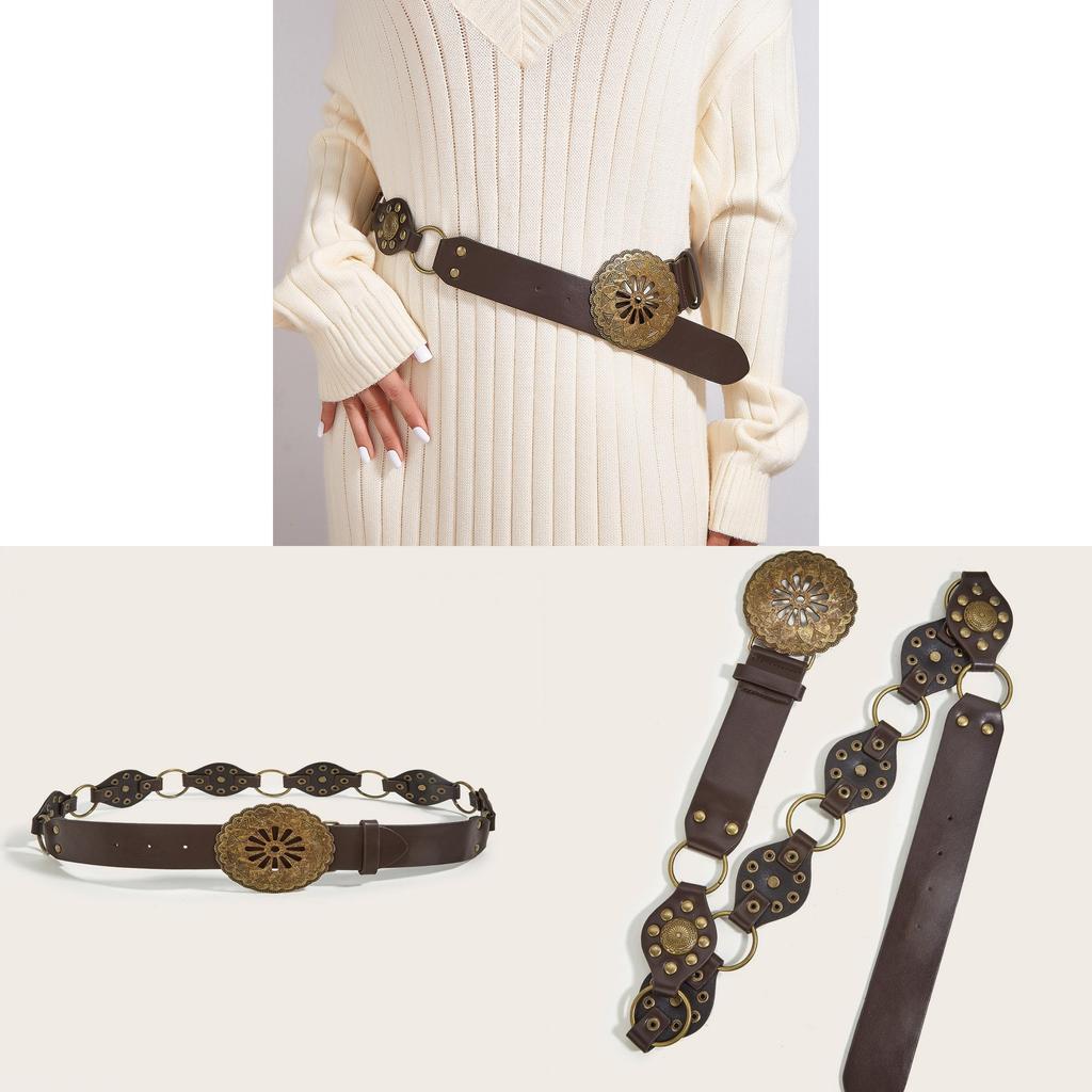 And Belt Versatile Slimming Vintage Rivet Waist Belt  Bronze Buckle Belt