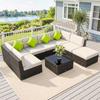 7-Seater PE Rattan Corner Sofa Set, Garden Furniture Set, Patio Wicker Sofa Seater w/ Cushion, Washable Cushion Cover & Tempered Glass Table, Brown