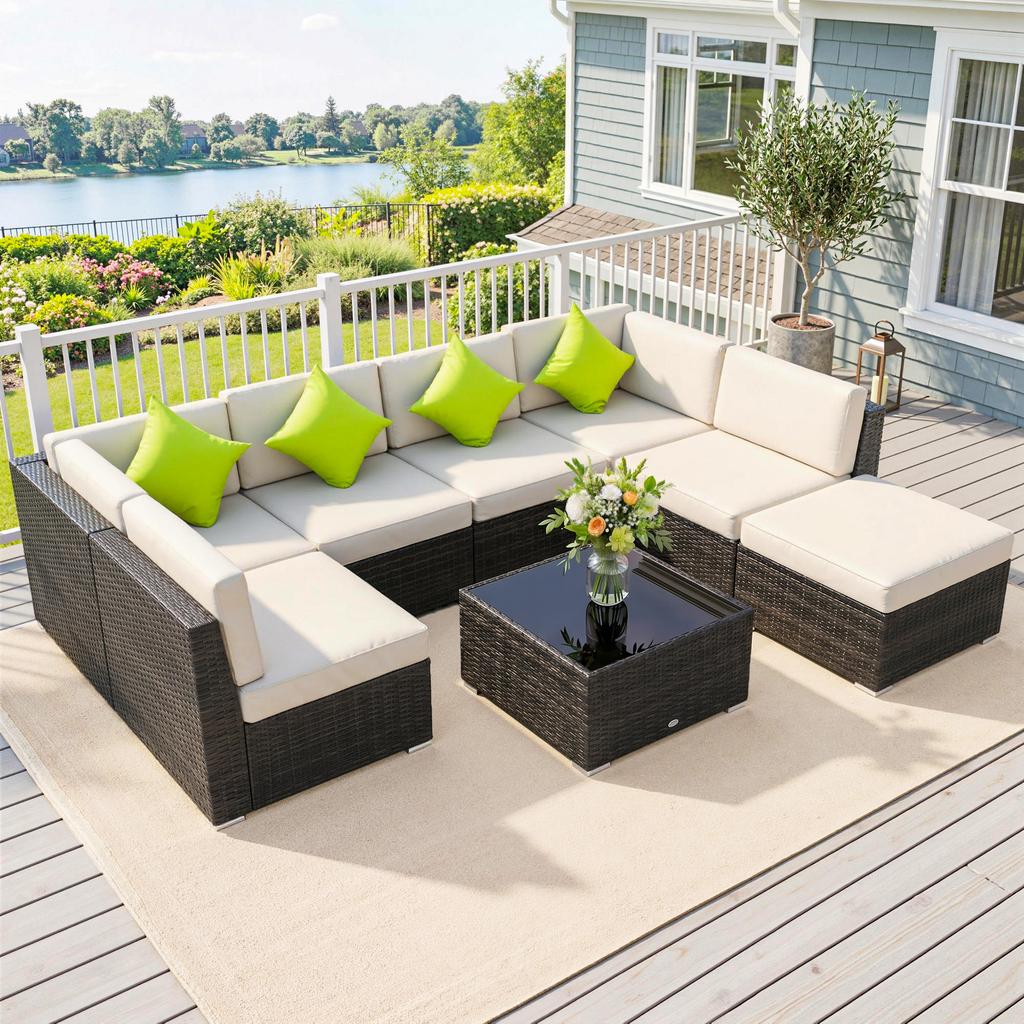 7-Seater PE Rattan Corner Sofa Set, Garden Furniture Set, Patio Wicker Sofa Seater w/ Cushion, Washable Cushion Cover & Tempered Glass Table, Brown
